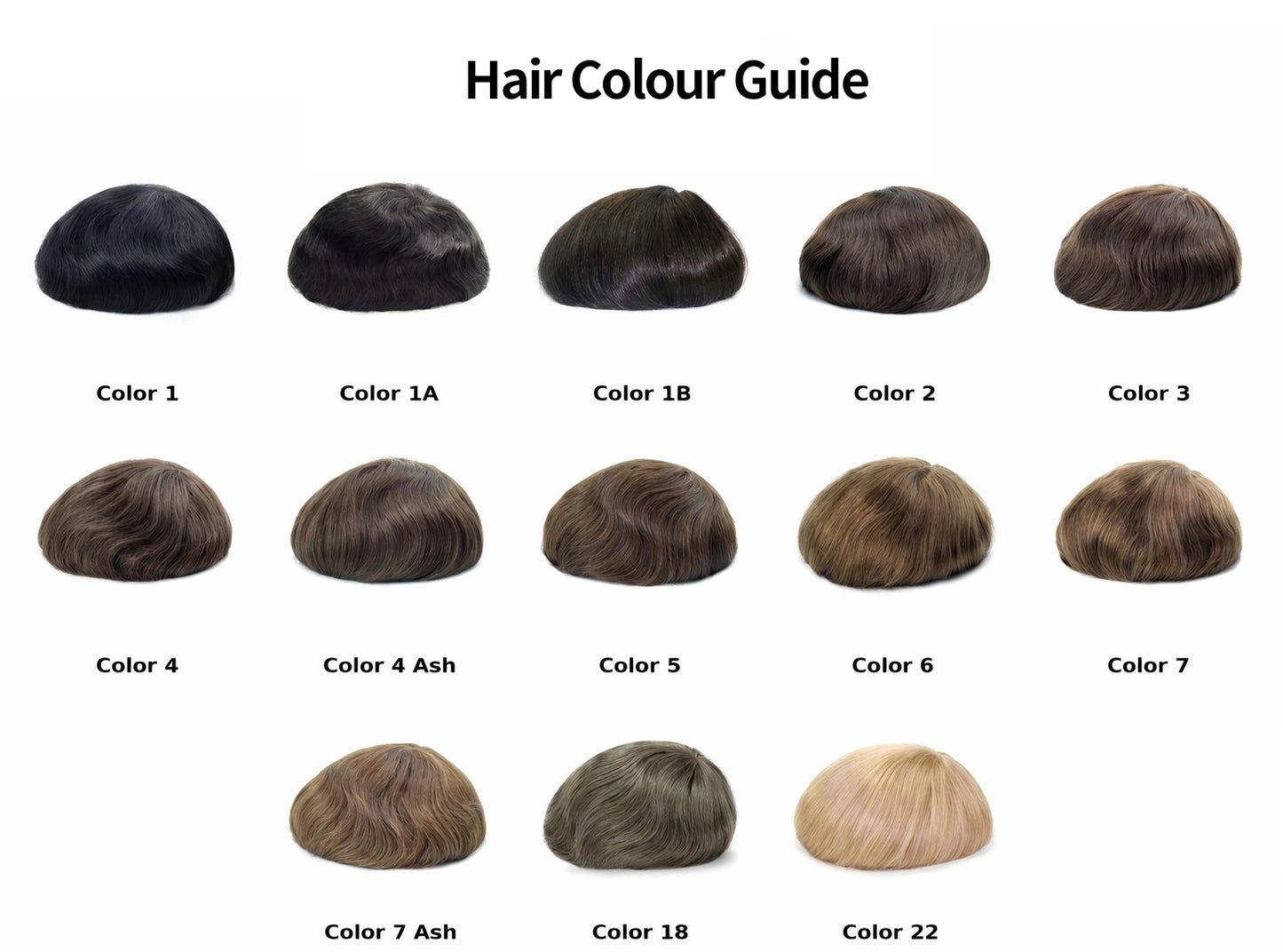 Hair color guide with various brown, black shades on a white background