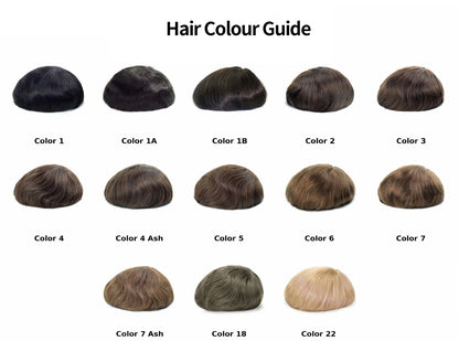 Hair color guide with various brown, black shades on a white background