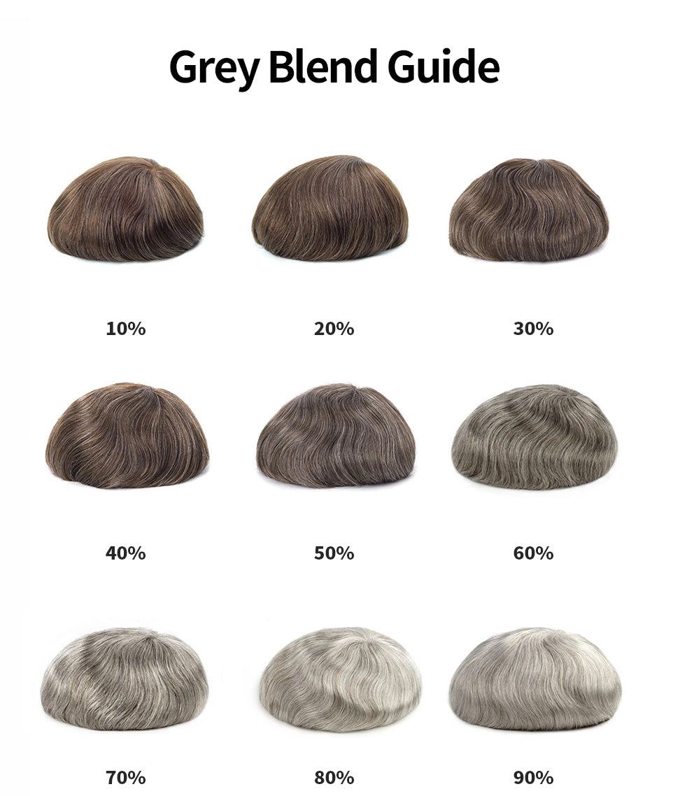 Gray blend guide showing different shades of gray hair from 10% to 90% on a white background.