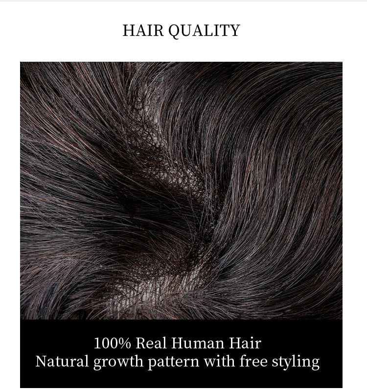 Close-up of dark brown hair with a natural growth pattern, labeled '100% Real Human Hair'.