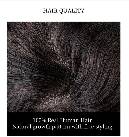 Close-up of dark brown hair with a natural growth pattern, labeled '100% Real Human Hair'.