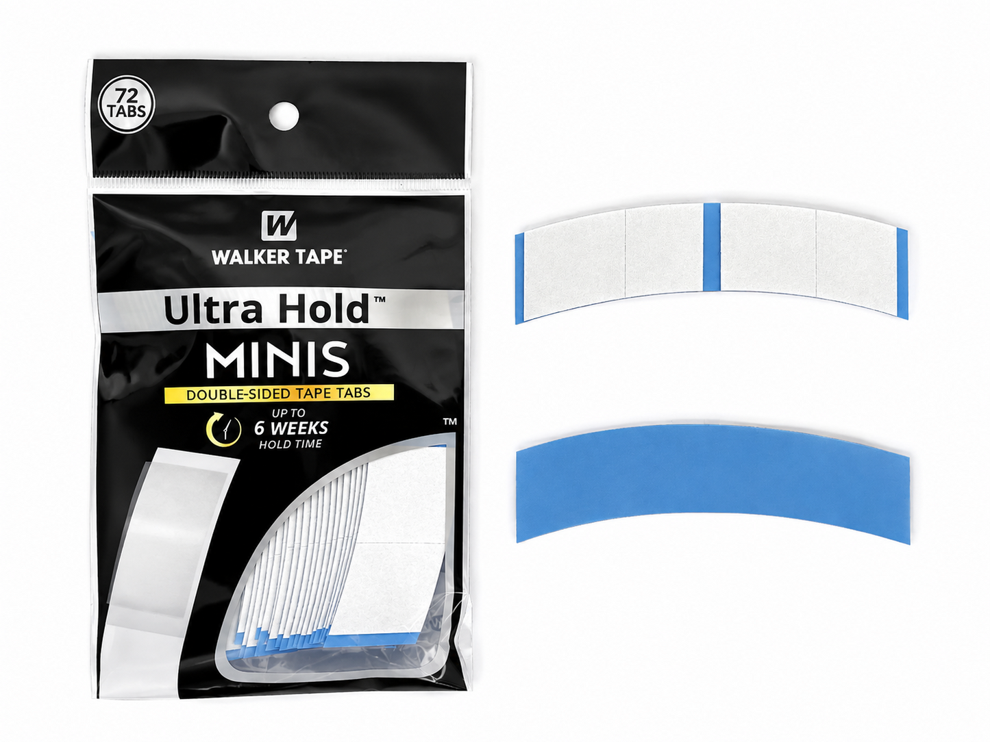Pack of Walker Tape Ultra Hold Minis double-sided self-adhesive walk tape, shown with the retail packaging and two curved strips displaying the blue and white tape material.